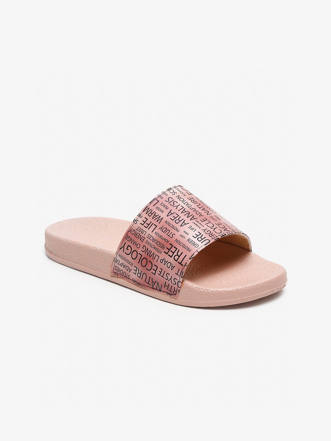 Misto Women Peach-Coloured & Black Typography Printed Sliders Price in India