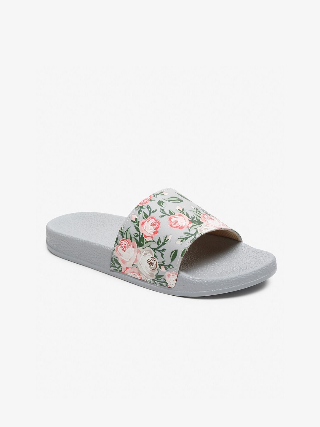 Misto Women Grey & Pink Printed Sliders Price in India