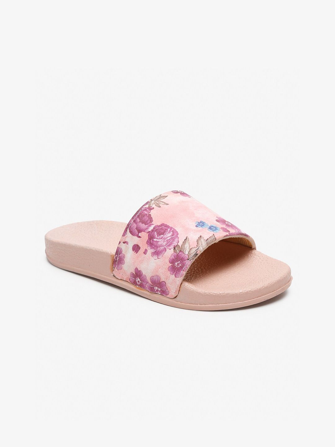 Misto Women Peach-Coloured & Purple Printed Sliders Price in India