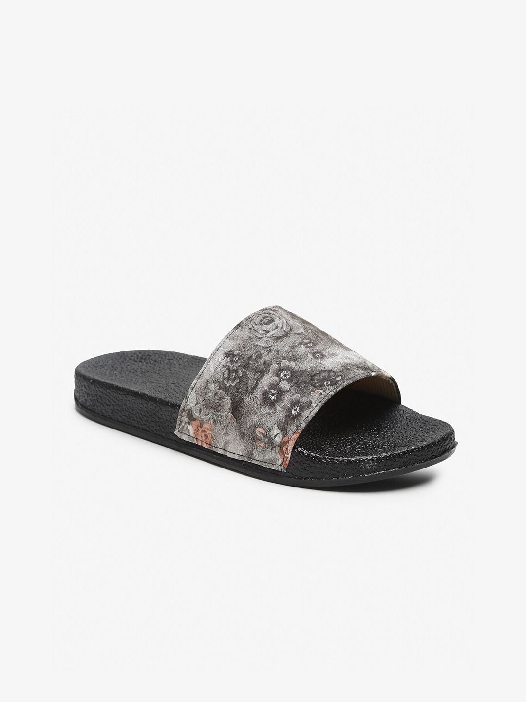 Misto Women Black & Grey Printed Sliders Price in India