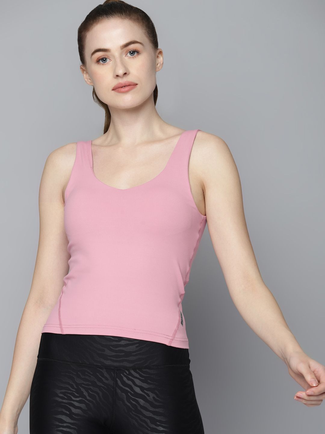 Fitkin Women Pink Solid Slim Fit Inbuilt Sports Bra Quick Dry T-shirt Price in India