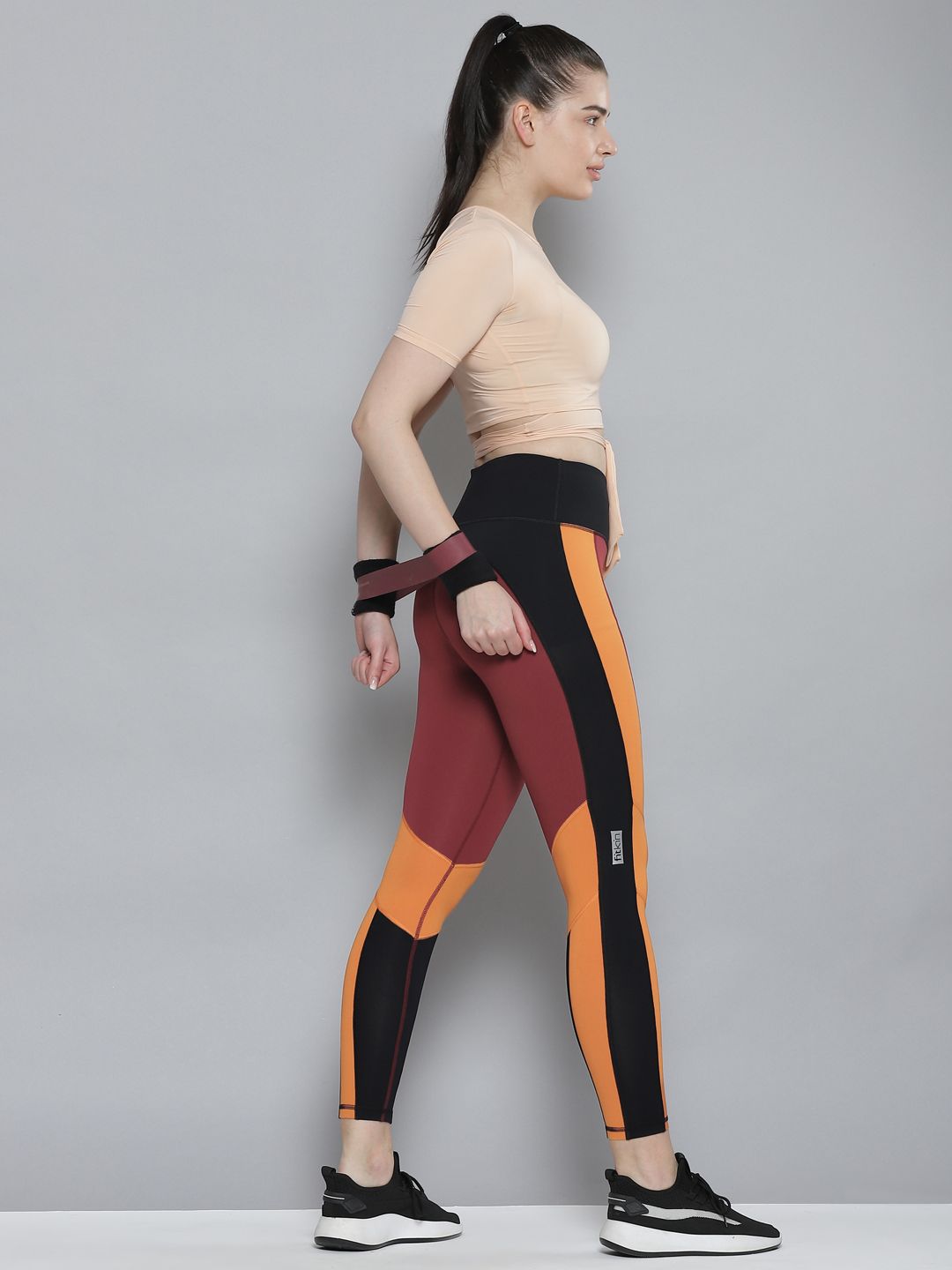 Fitkin Women Maroon & Rust Orange Colourblocked Cross Workout Quick Dry Tights Price in India