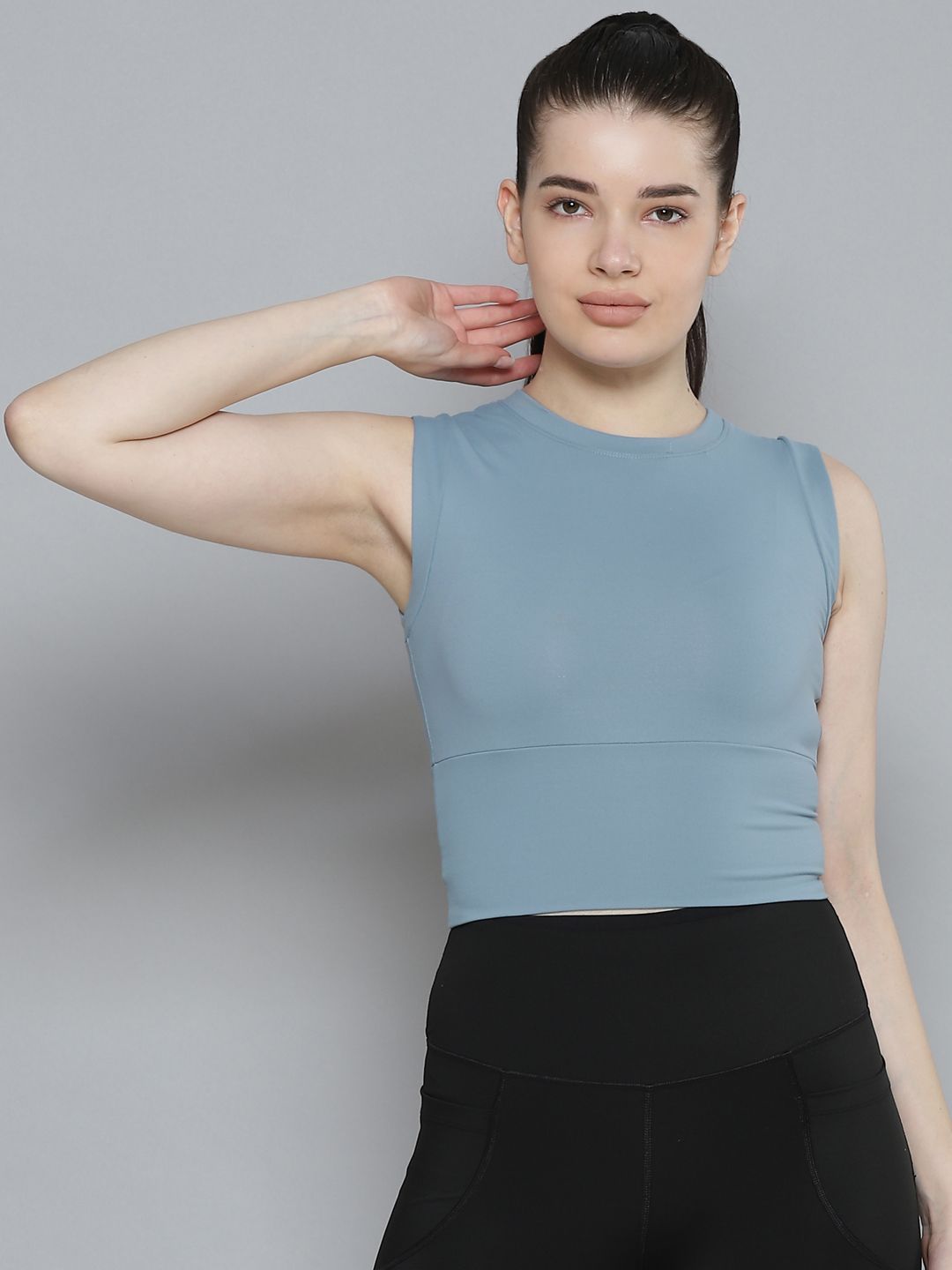 Fitkin Women Blue Solid Slim Fit Quick Dry Training Crop T-shirt Price in India