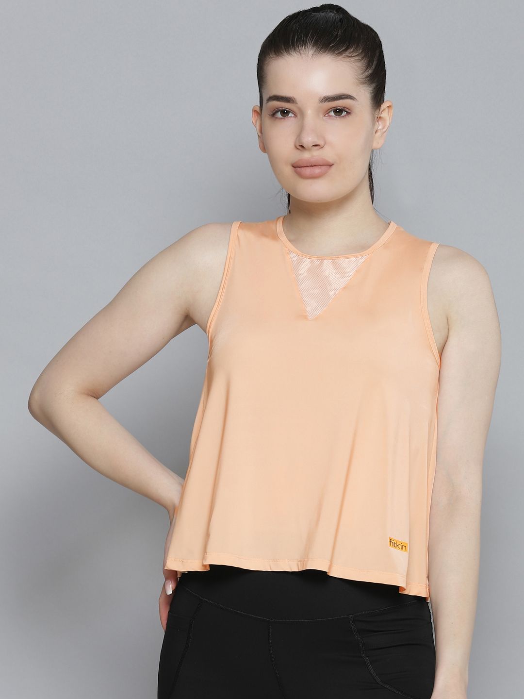 Fitkin Women Nude-Coloured Solid Breathable Crop T-shirt Price in India