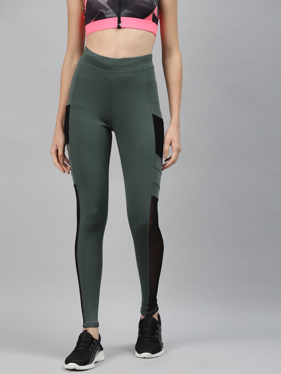 Blinkin Women Green Solid Mesh Inserts Semi-Sheer Drytech+ Gym Tights Price in India