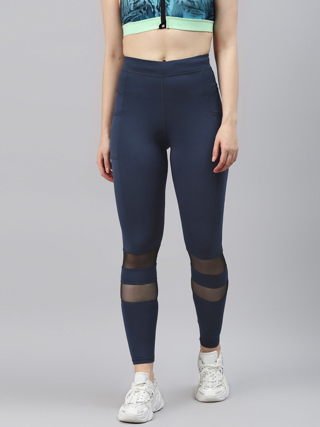 Blinkin Women Navy Blue Solid Mesh Paneled Gym Tights Price in India