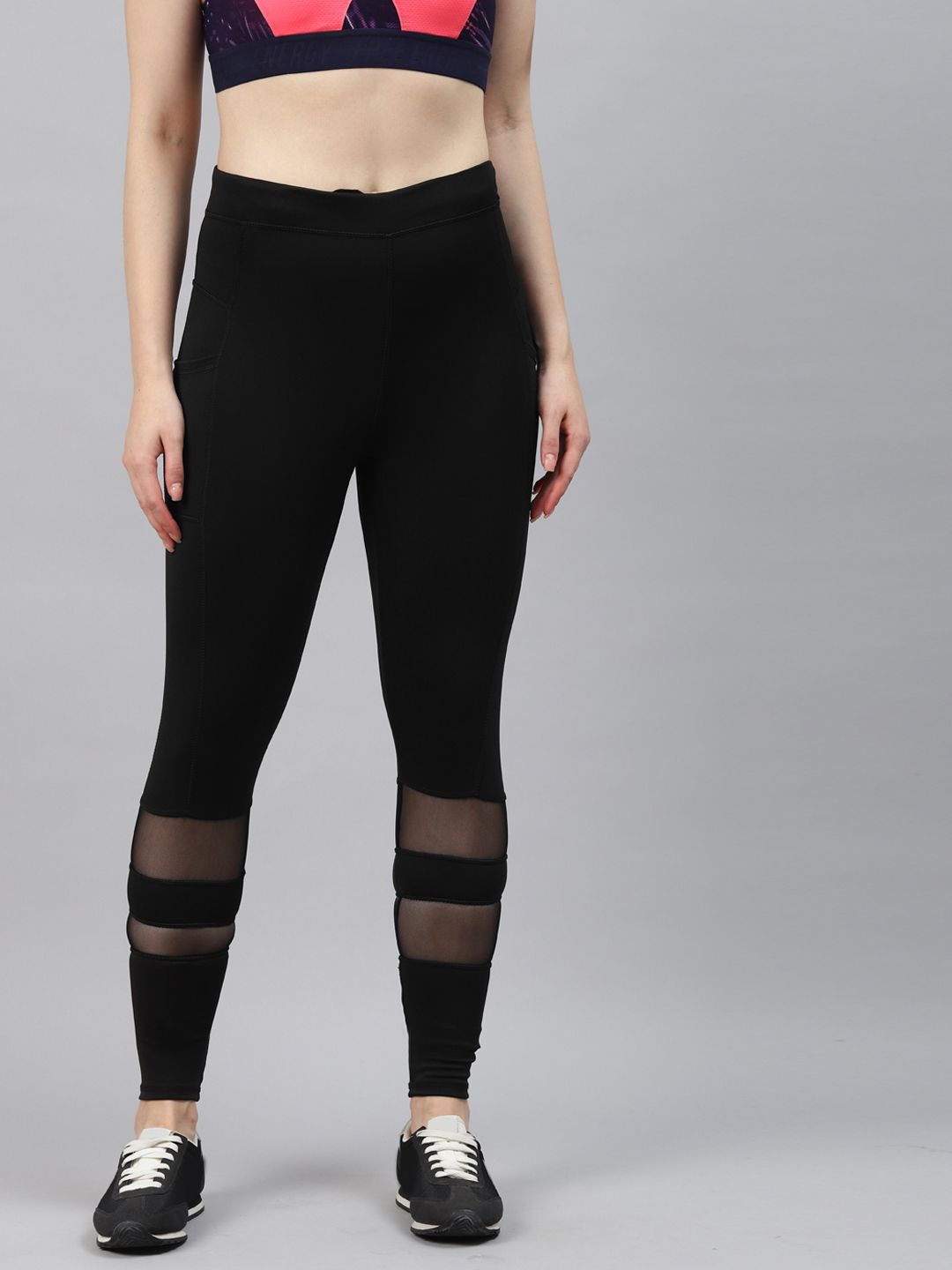 Blinkin Women Black Solid Mesh Inserts Semi-Sheer Drytech+ Gym Tights Price in India