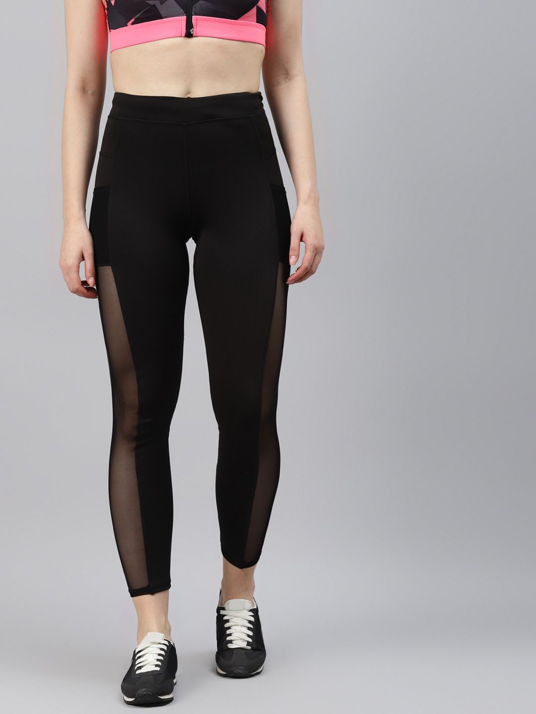 Blinkin Women Black Solid Mesh Paneled Cropped Gym Tights Price in India