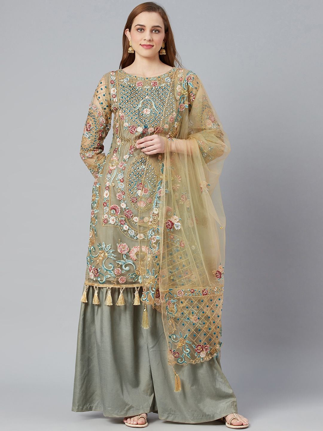 Readiprint Fashions Beige Embroidered Unstitched Dress Material Price in India