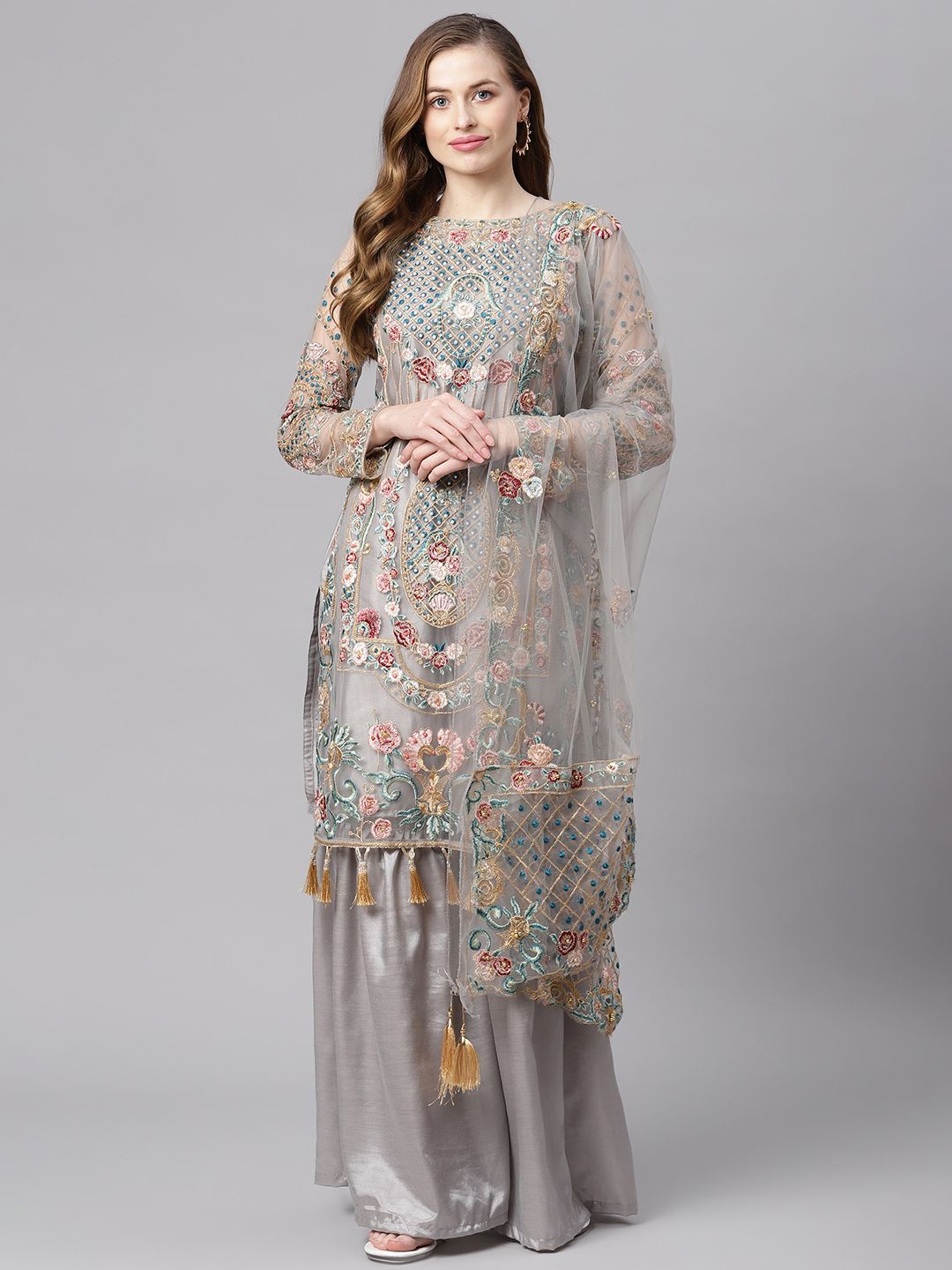 Readiprint Fashions Grey Embroidered Unstitched Dress Material Price in India