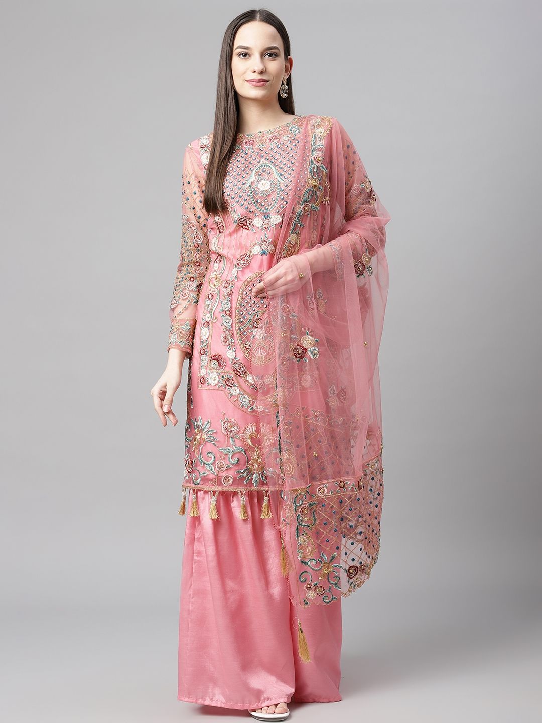 Readiprint Fashions Pink Embroidered Unstitched Dress Material Price in India
