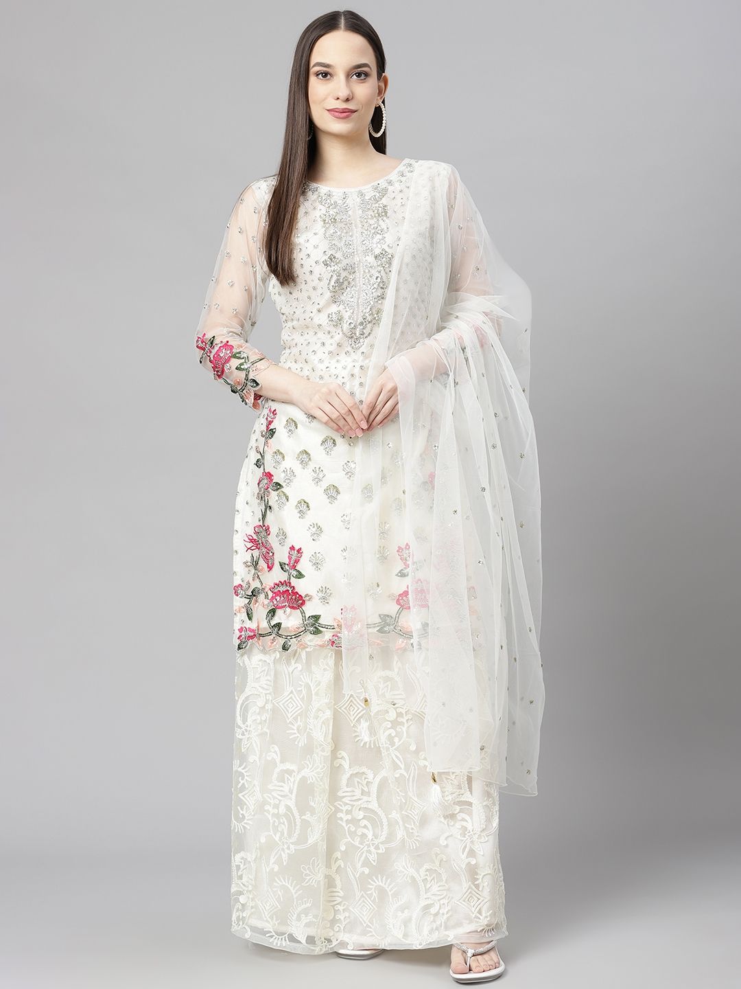 Readiprint Fashions White Embellished Unstitched Dress Material Price in India