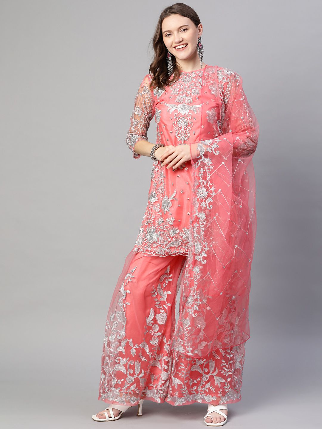 Readiprint Fashions Coral Pink Embellished Unstitched Dress Material