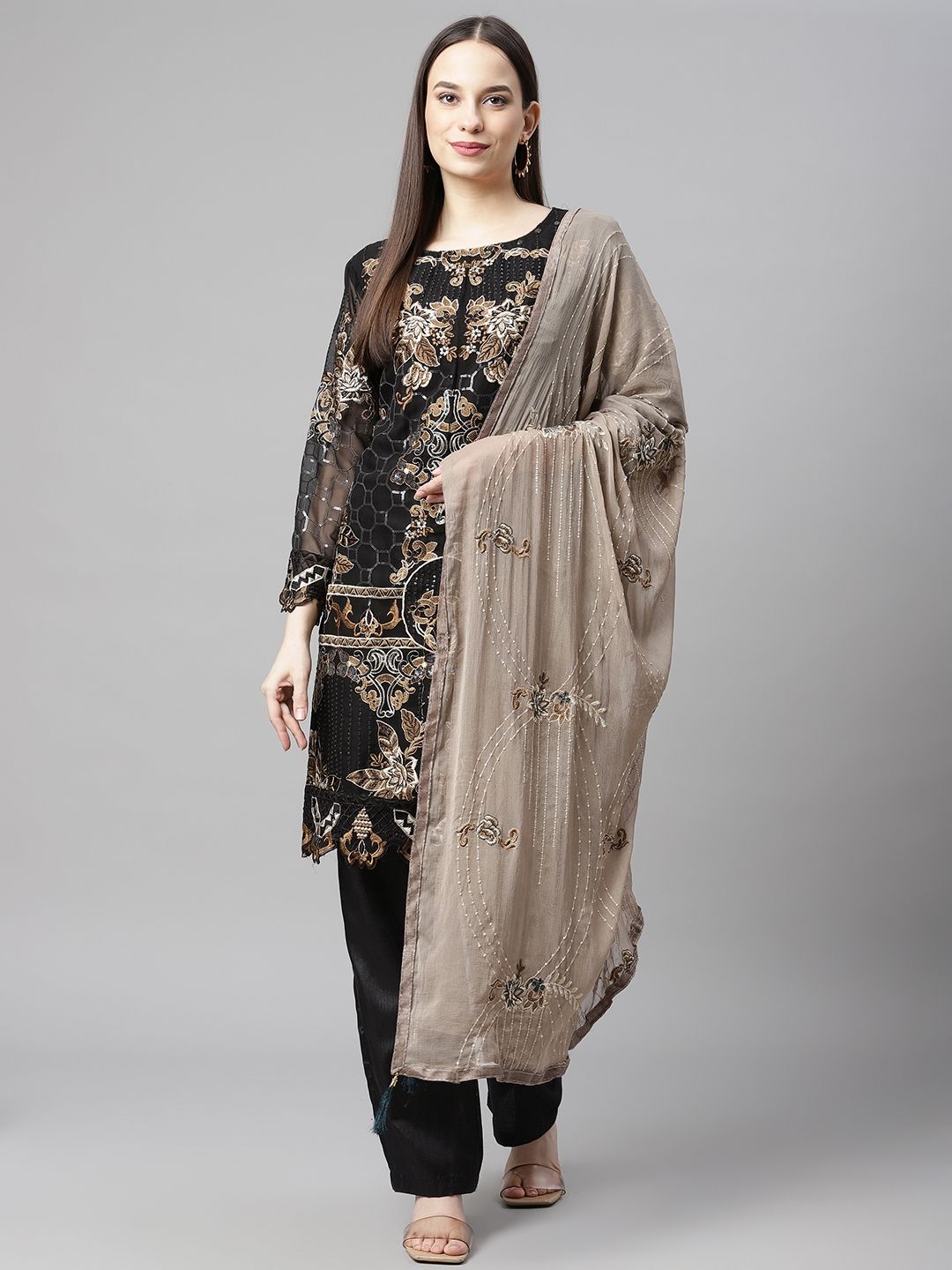 Readiprint Fashions Black & Beige Embroidered Unstitched Dress Material