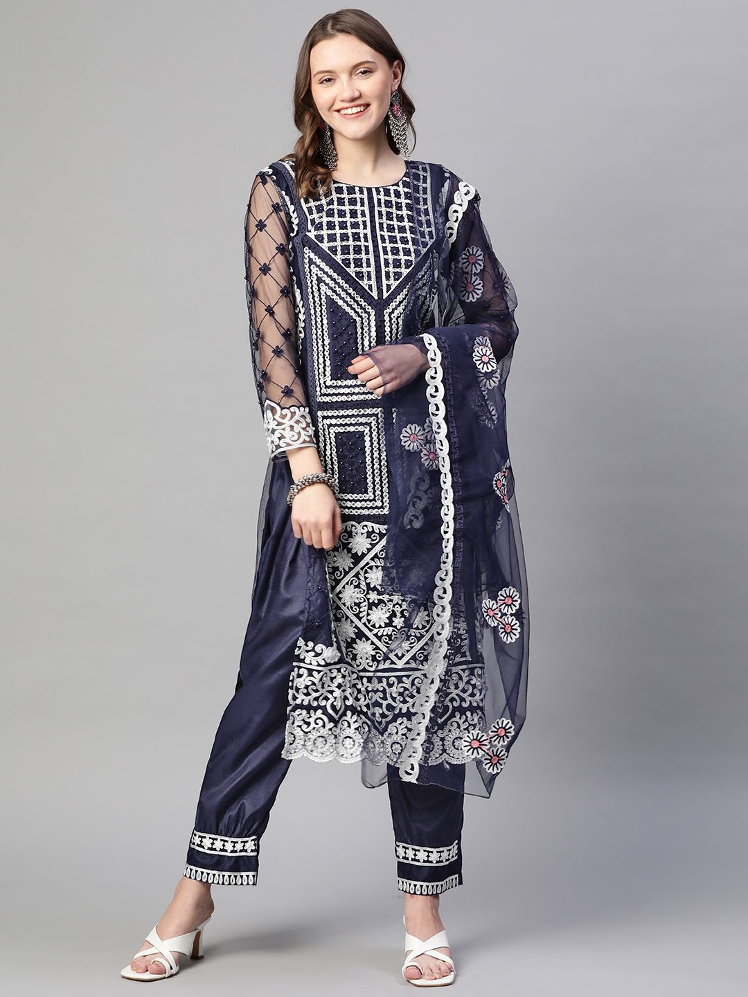Readiprint Fashions Navy Blue Embellished Unstitched Dress Material Price in India