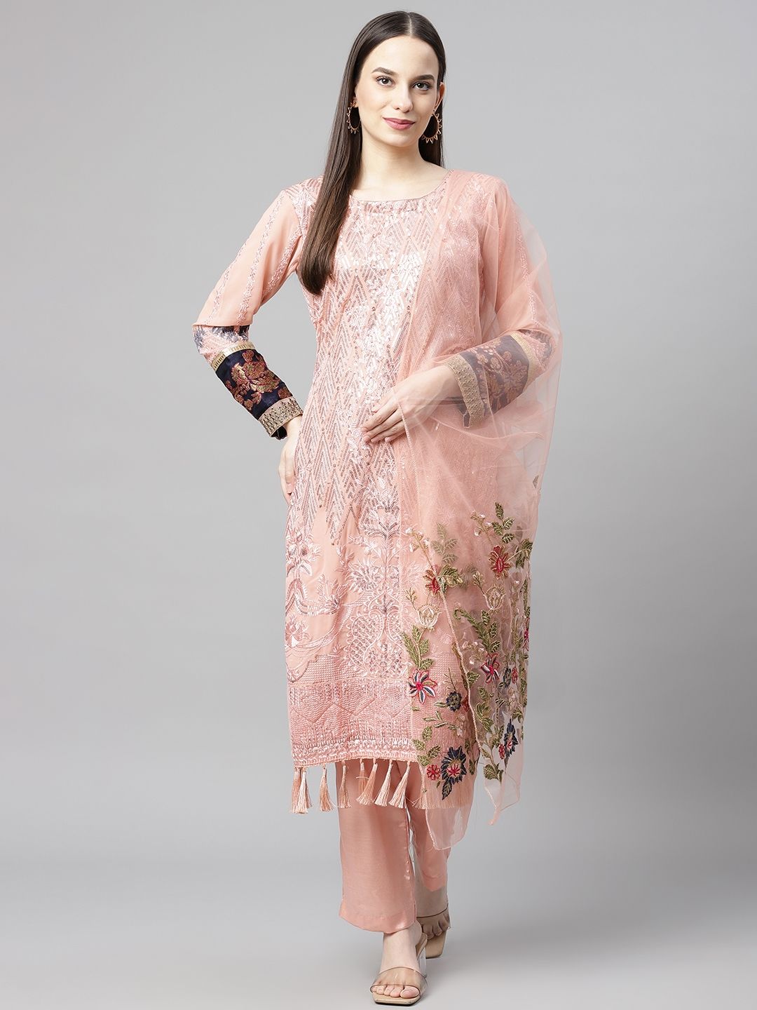 Readiprint Fashions Peach-Coloured Embroidered Unstitched Dress Material Price in India