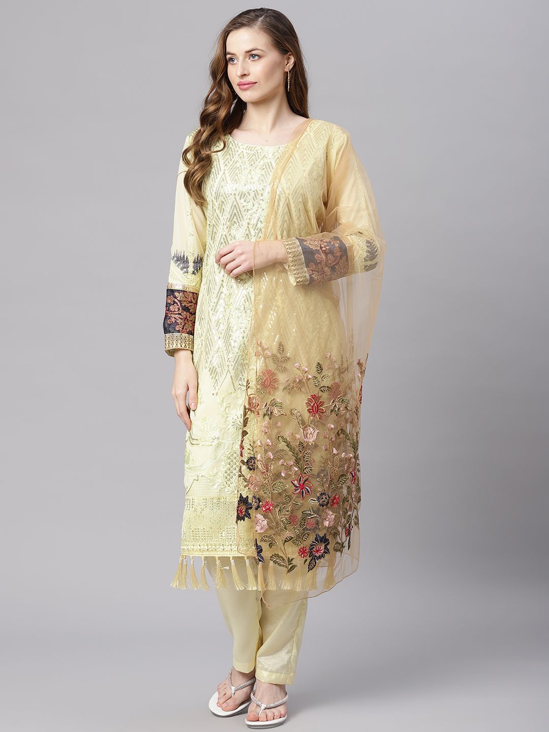 Readiprint Fashions Yellow & Beige Embellished Unstitched Dress Material Price in India