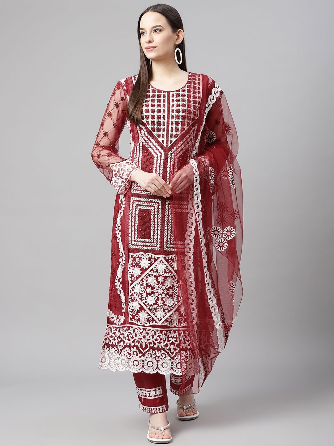 Readiprint Fashions Maroon Embroidered Unstitched Dress Material Price in India