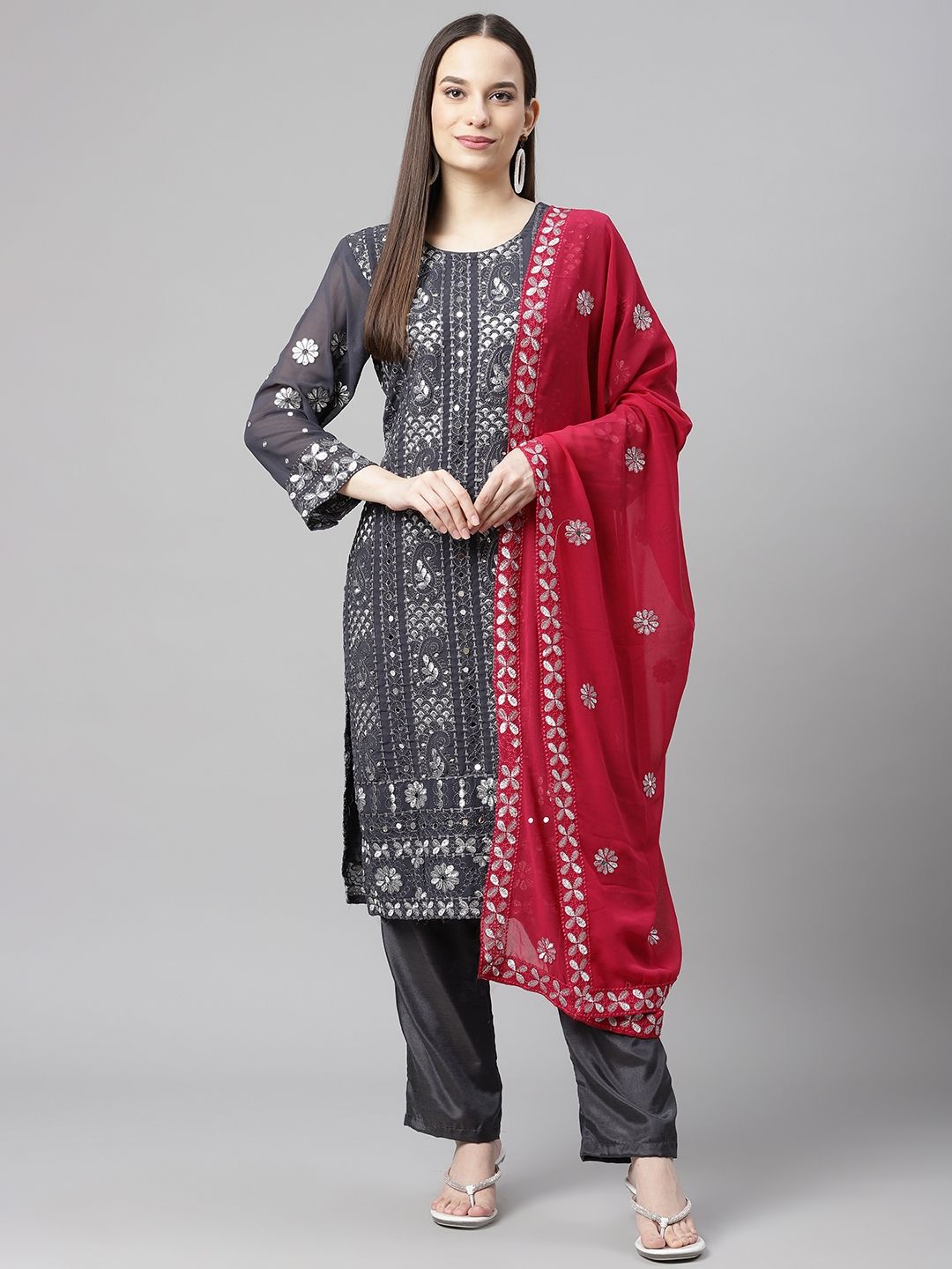 Readiprint Fashions Grey & Pink Embroidered Unstitched Dress Material Price in India