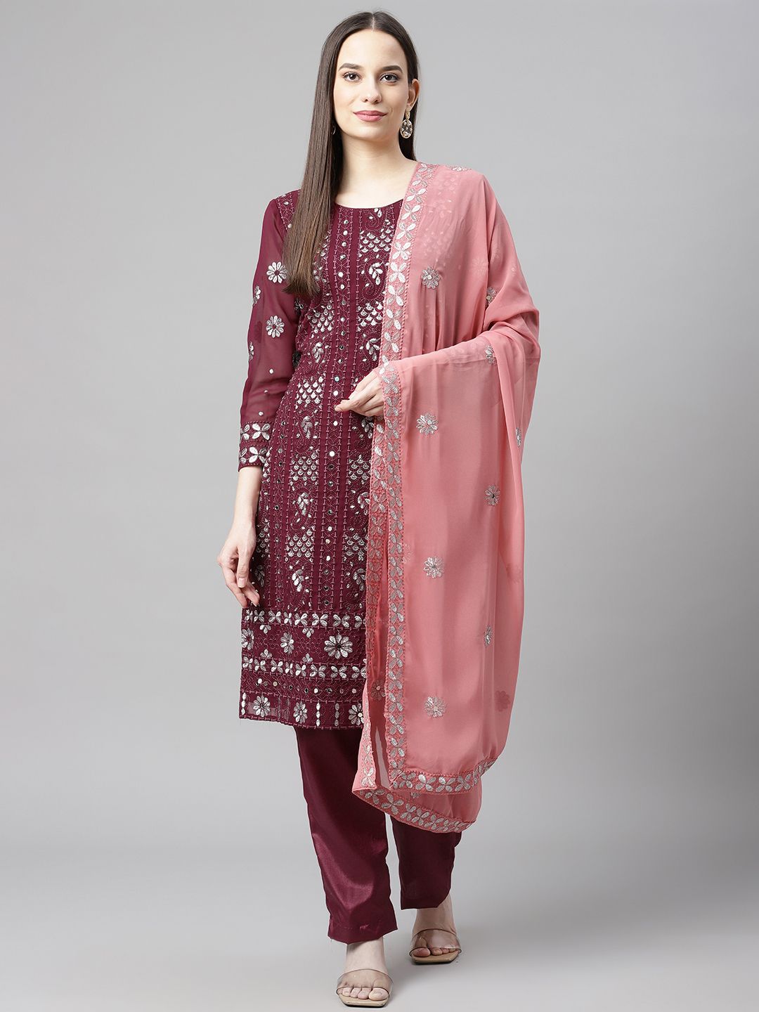 Readiprint Fashions Purple & Peach-Coloured Embroidered Unstitched Dress Material Price in India