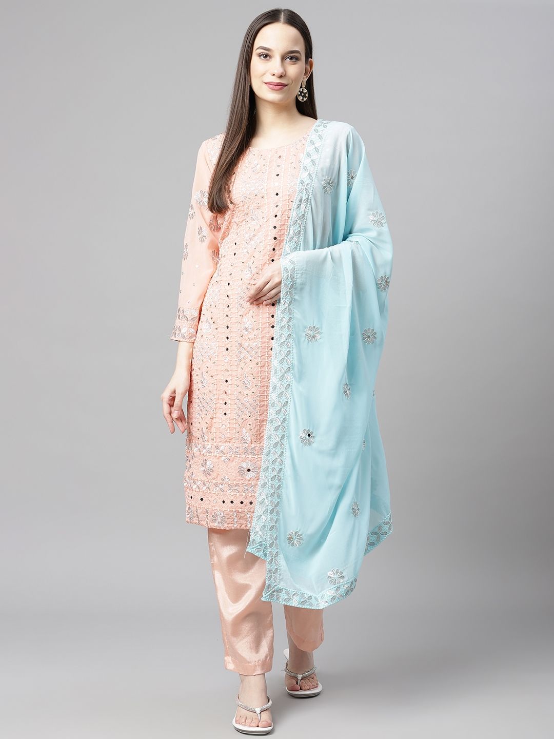Readiprint Fashions Peach-Coloured & Blue Embroidered Unstitched Dress Material Price in India