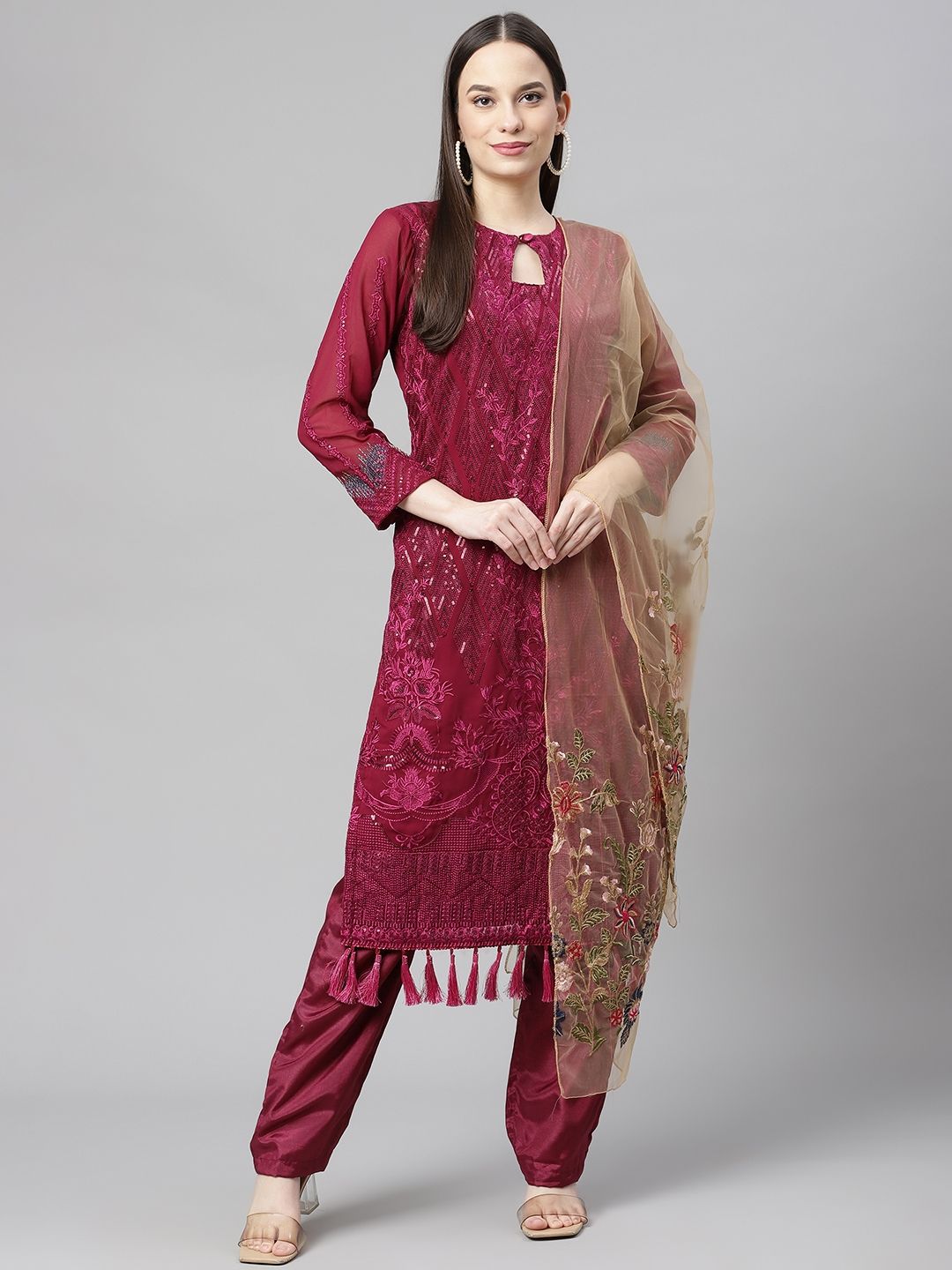 Readiprint Fashions Magenta & Beige Embroidered Unstitched Dress Material Price in India