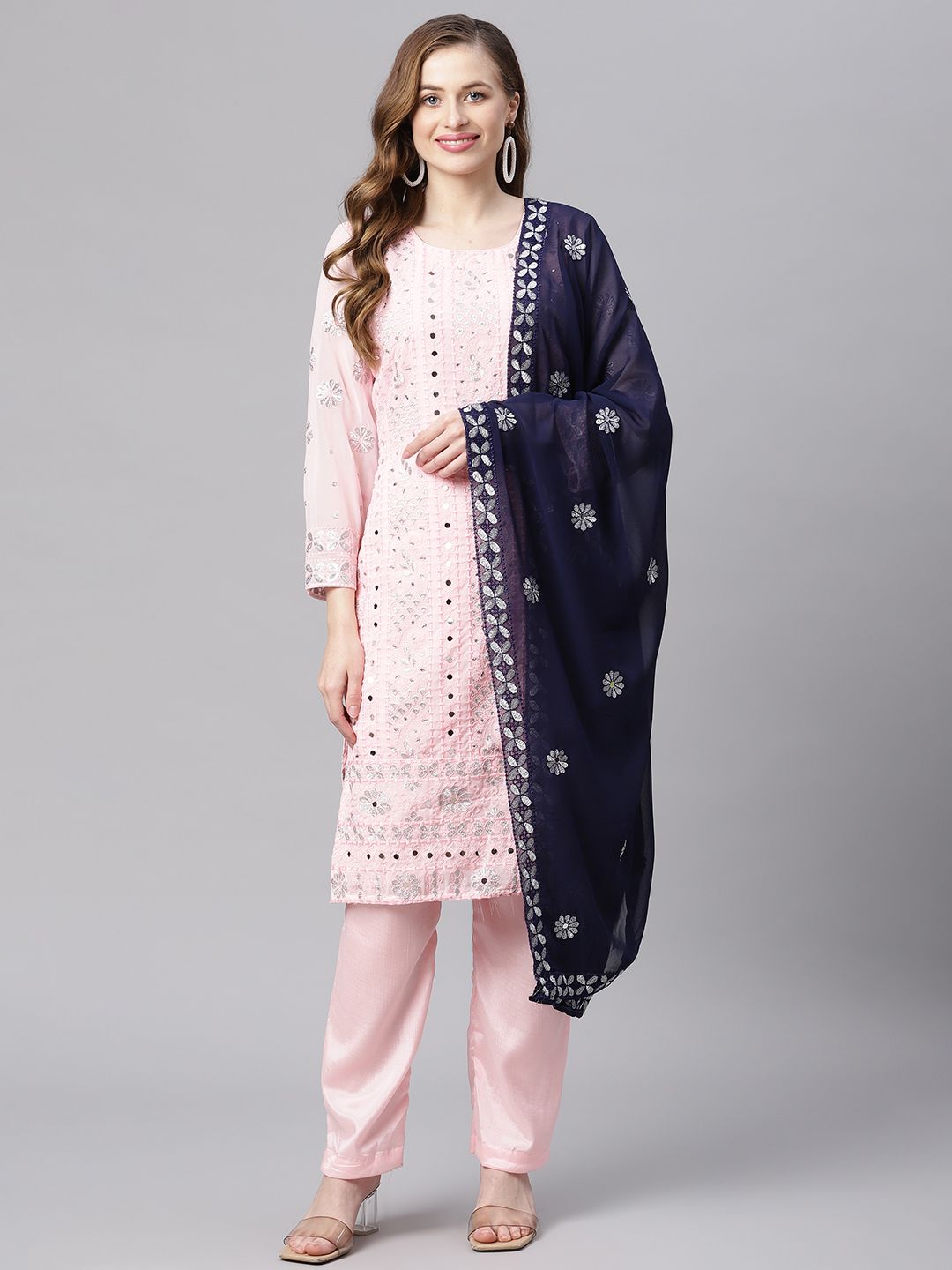 Readiprint Fashions Pink & Blue Embroidered Unstitched Dress Material Price in India