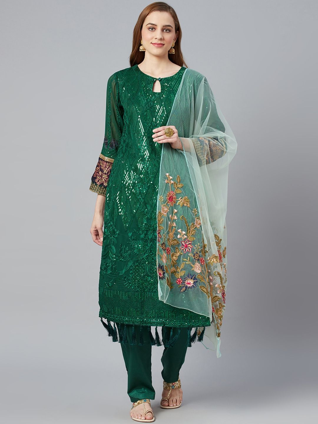 Readiprint Fashions Green & Olive Green Embroidered Unstitched Dress Material Price in India