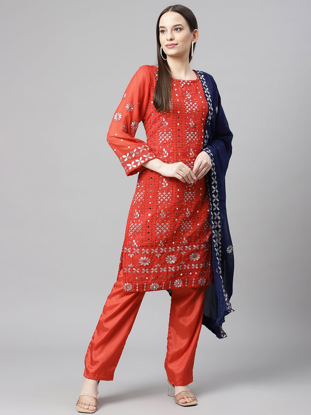Readiprint Fashions Red & Blue Embroidered Unstitched Dress Material Price in India