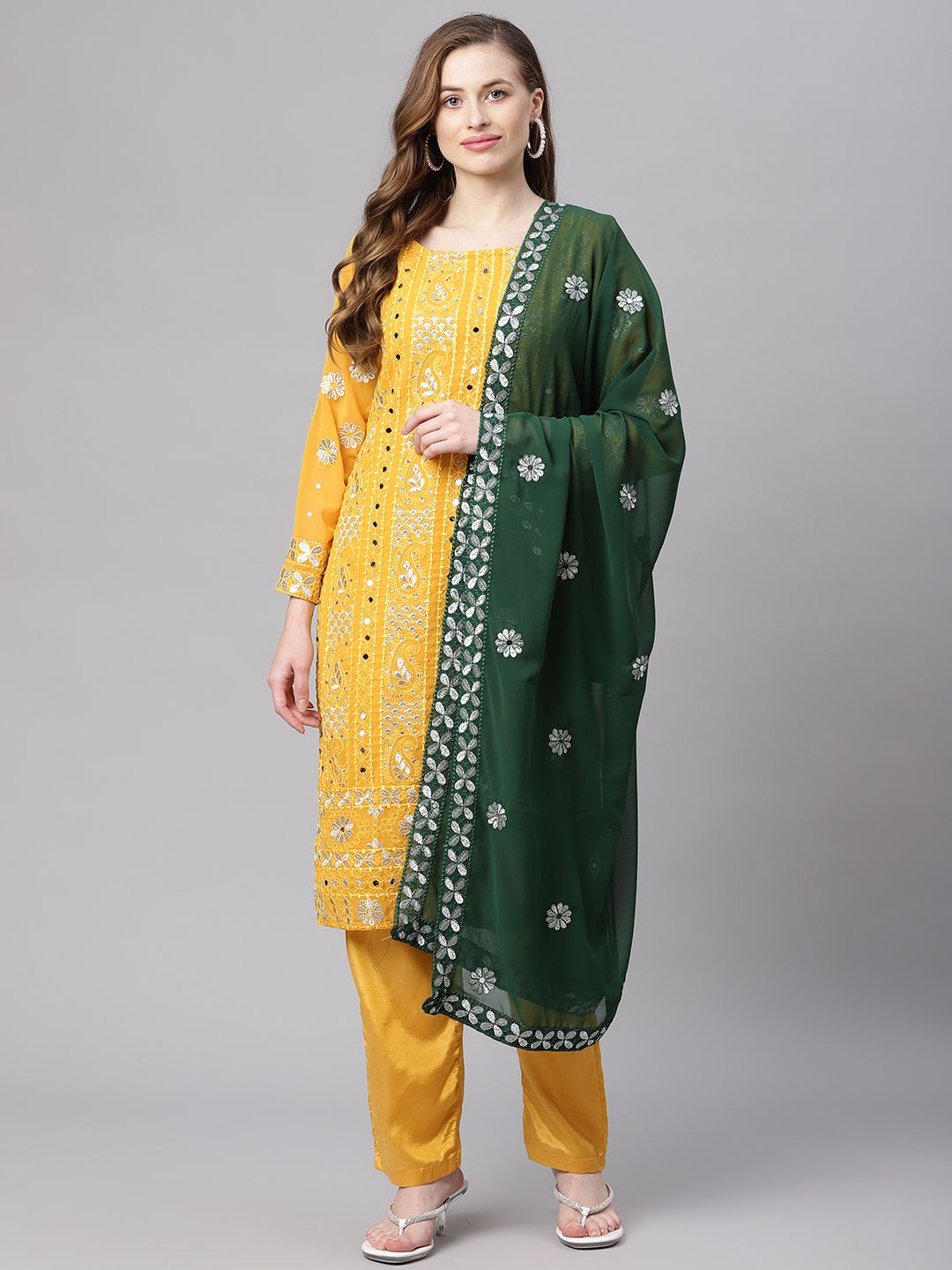 Readiprint Fashions Yellow & Green Embroidered Unstitched Dress Material Price in India