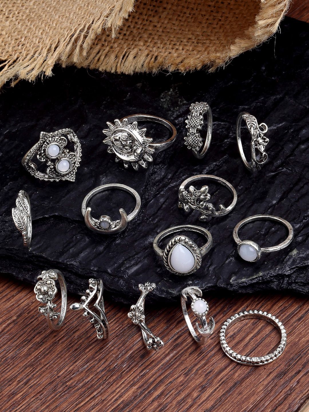 KARATCART Set Of 14 Oxidised Silver-Plated Finger Rings Price in India