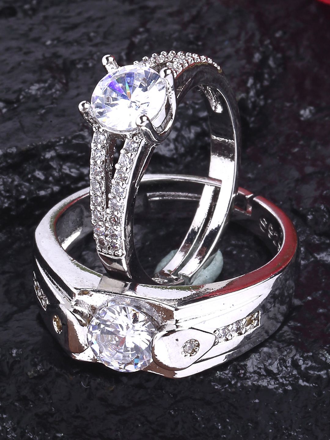 KARATCART Set Of 2 Silver-Plated White Stone-Studded Adjustable Finger Ring Price in India