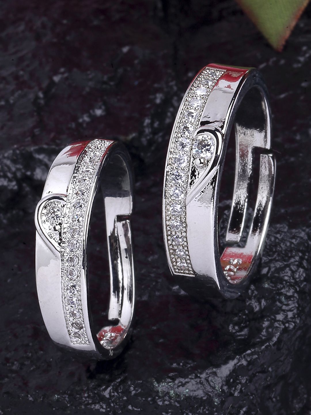 KARATCART Set Of 2 Silver-Plated White Stone-Studded Adjustable Finger Rings Price in India