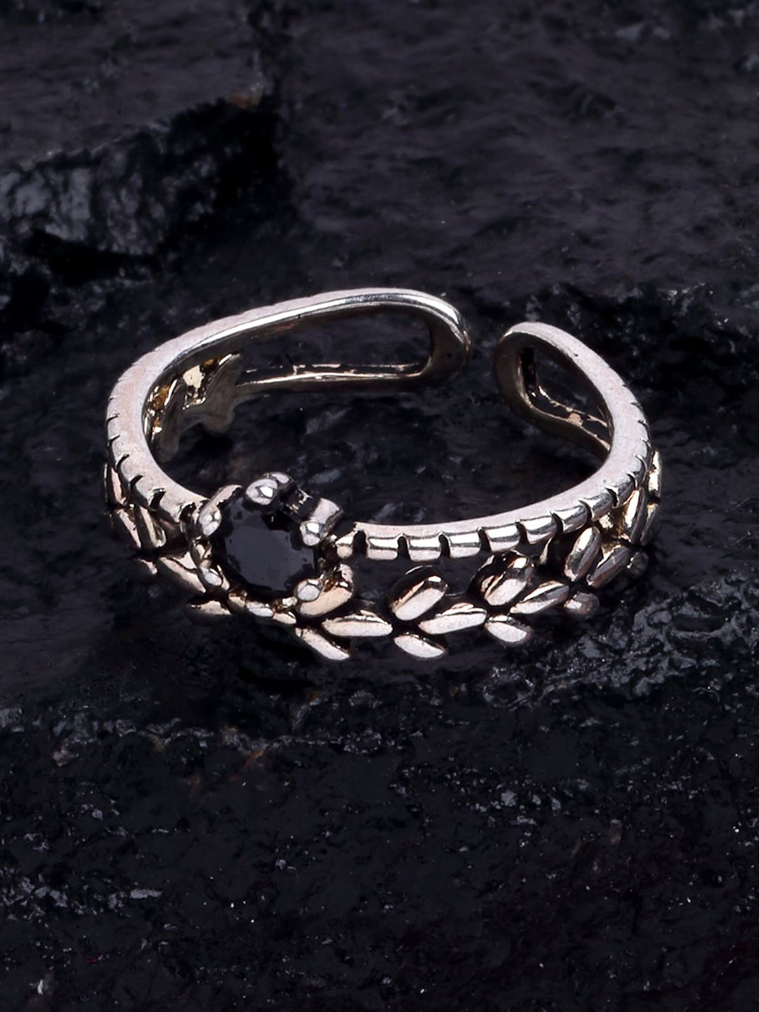 KARATCART Silver-Plated & Black Stone-Studded Adjustable Finger Ring Price in India
