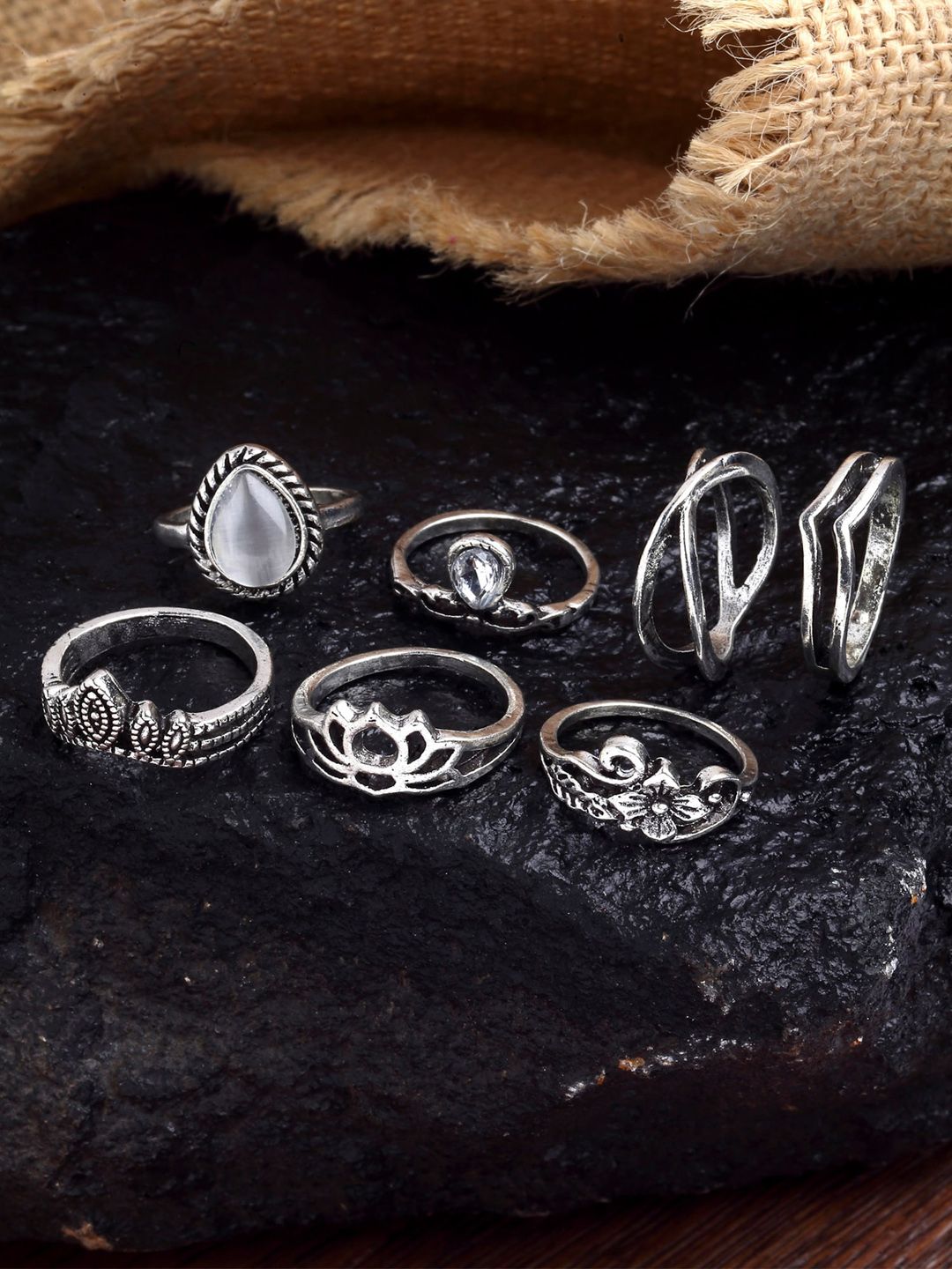 KARATCART Set Of 7 Oxidised Silver-Plated Finger Ring Price in India