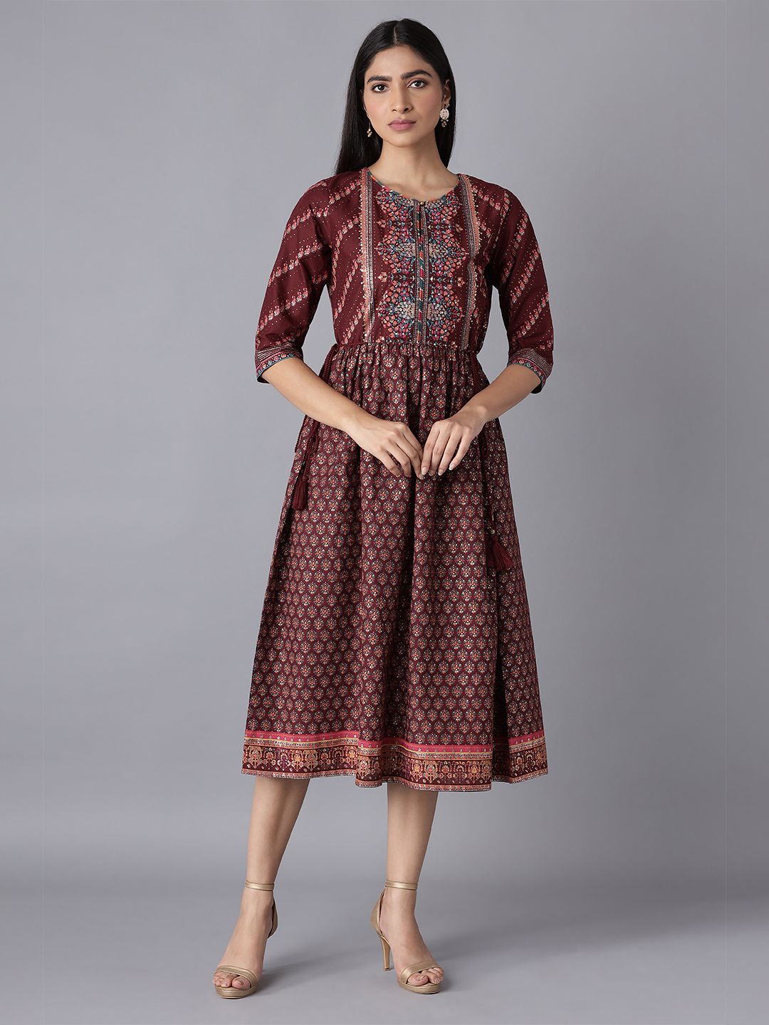 W Maroon Ethnic Motifs Ethnic Midi Dress Price in India