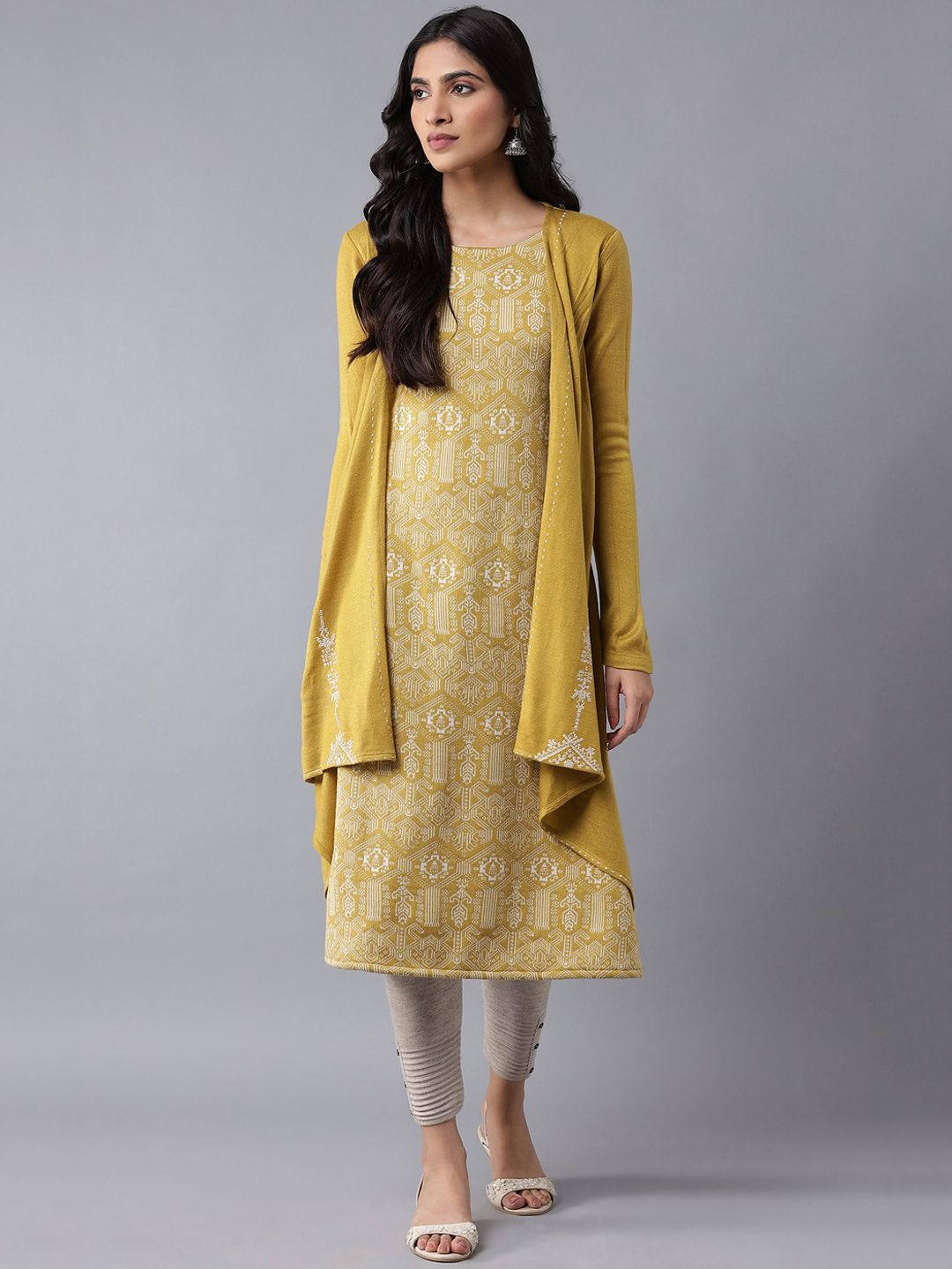 W Women Yellow Floral Acrylic Longline Open Front Jacket Price in India