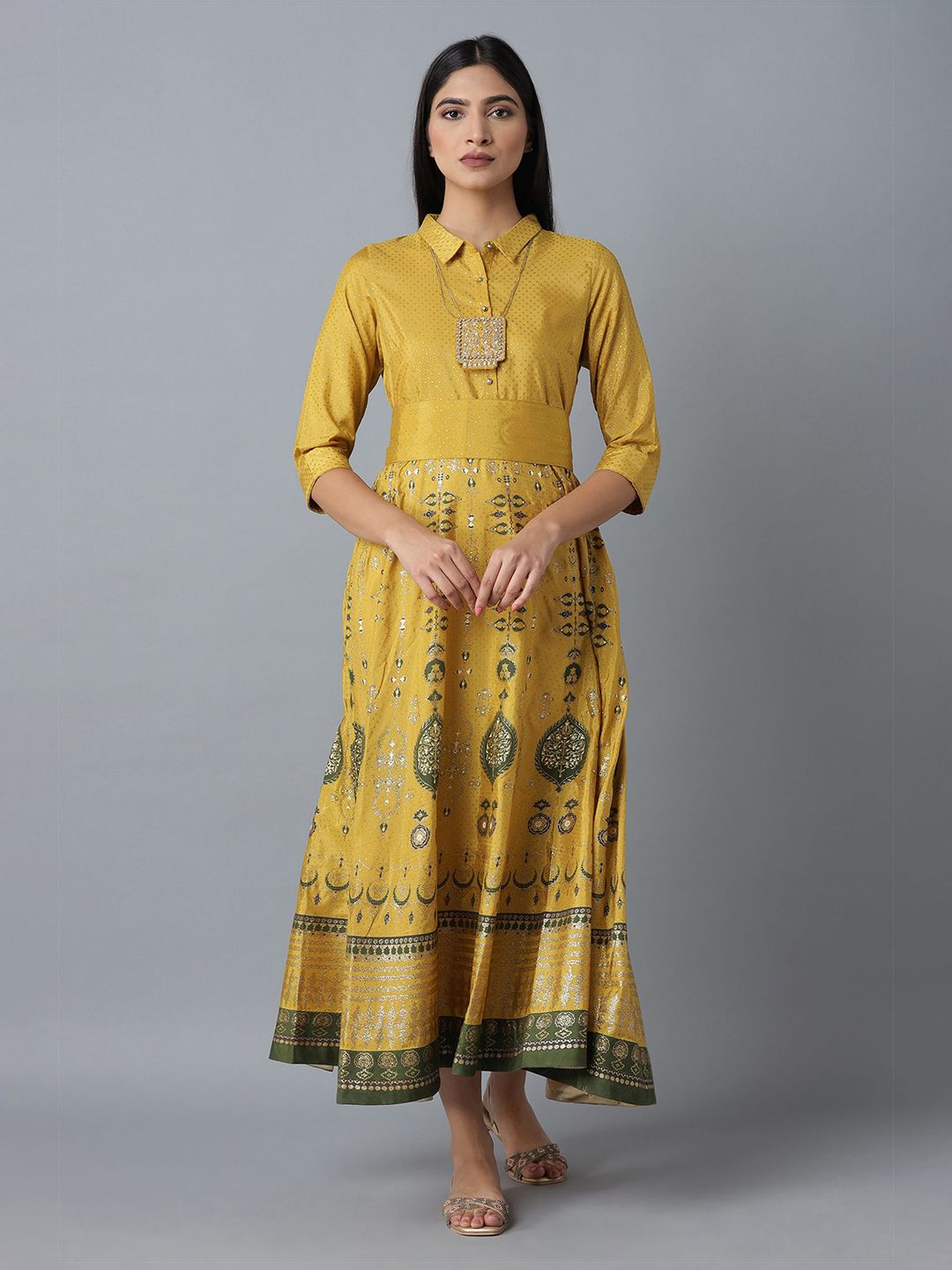 W Mustard Yellow Ethnic Motifs Printed Maxi Dress Price in India