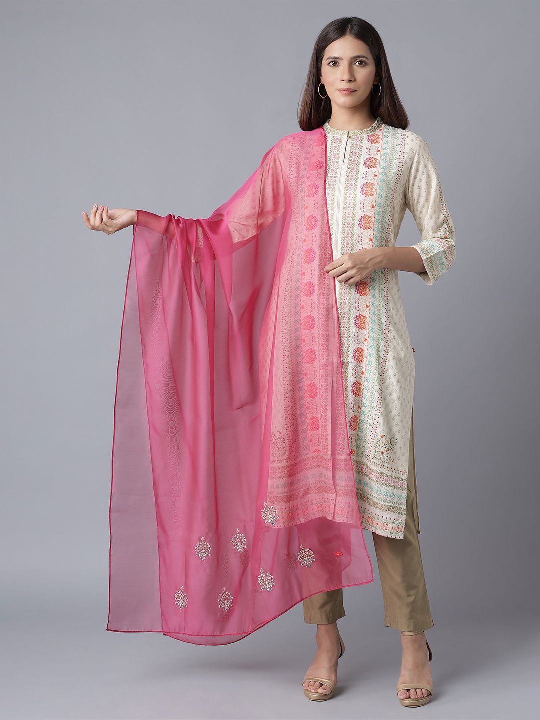 W Pink Ethnic Motifs Embroidered Organza Dupatta Price in India