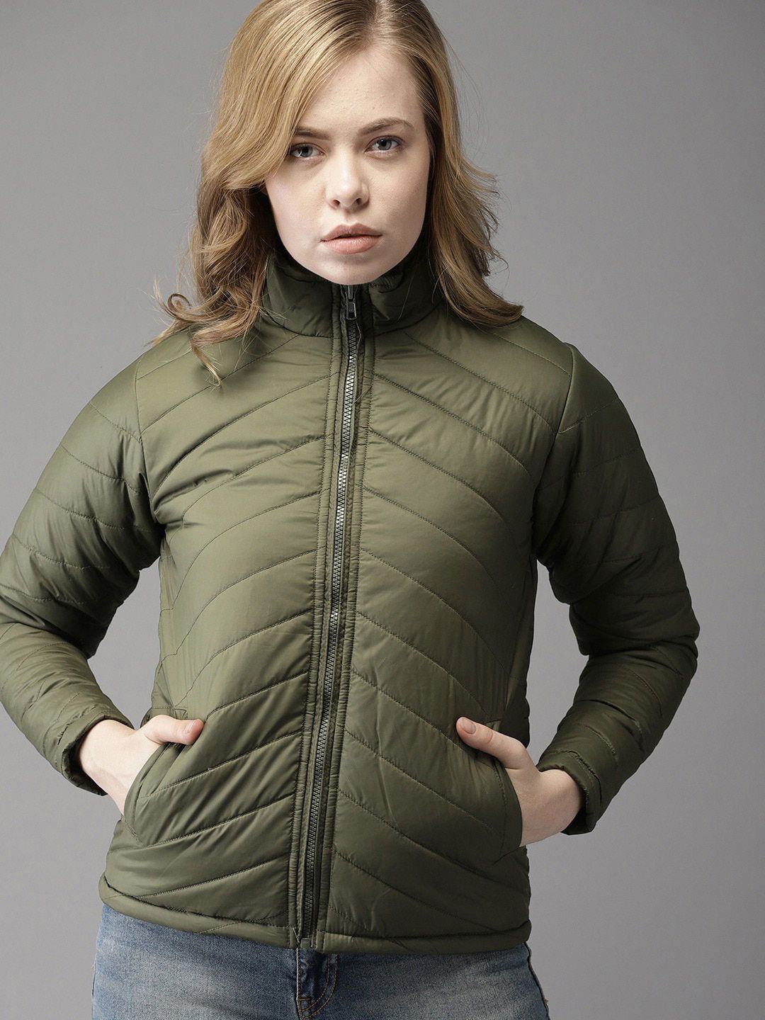 Campus Sutra Women Olive Green Striped Windcheater Outdoor Puffer Jacket Price in India