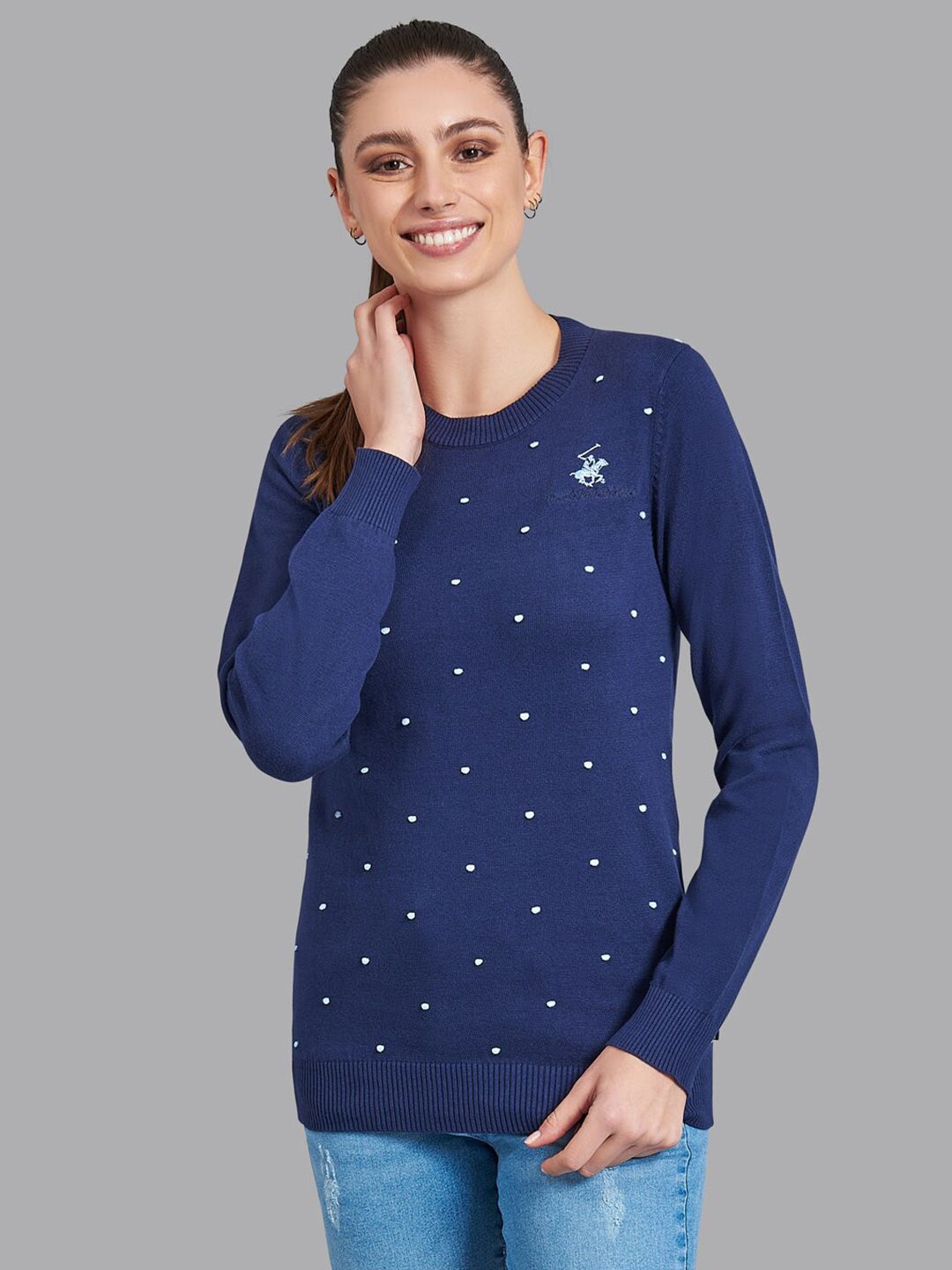 Beverly Hills Polo Club Women Navy Blue & White Polka Dots Printed Pullover Price in India