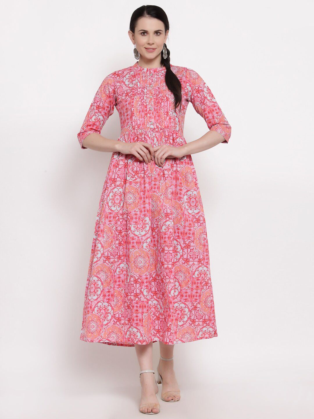 Indibelle Pink & Off White Ethnic Motifs Printed Cotton Midi Dress Price in India