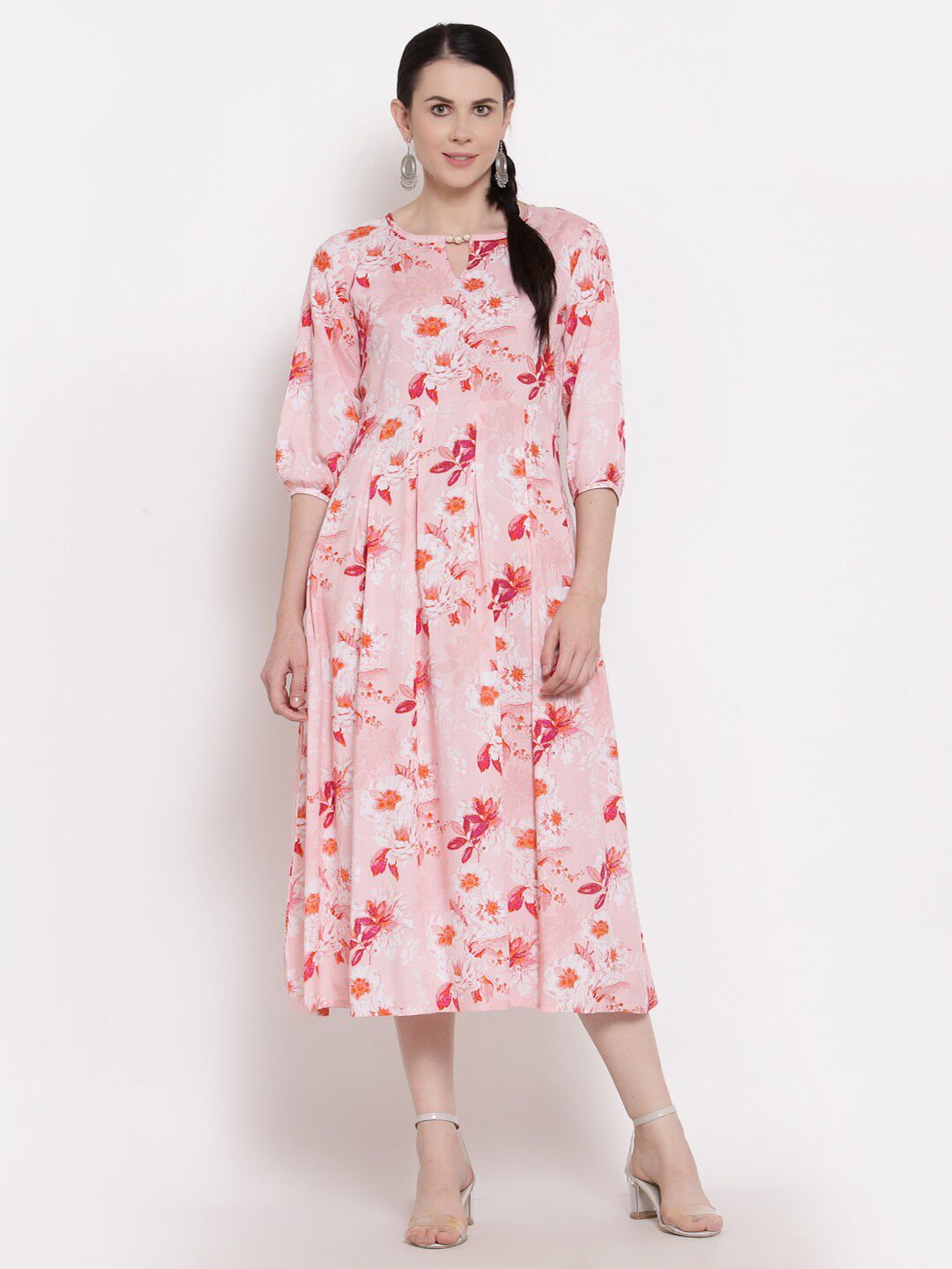 Indibelle Pink & Orange Floral Midi Dress Price in India