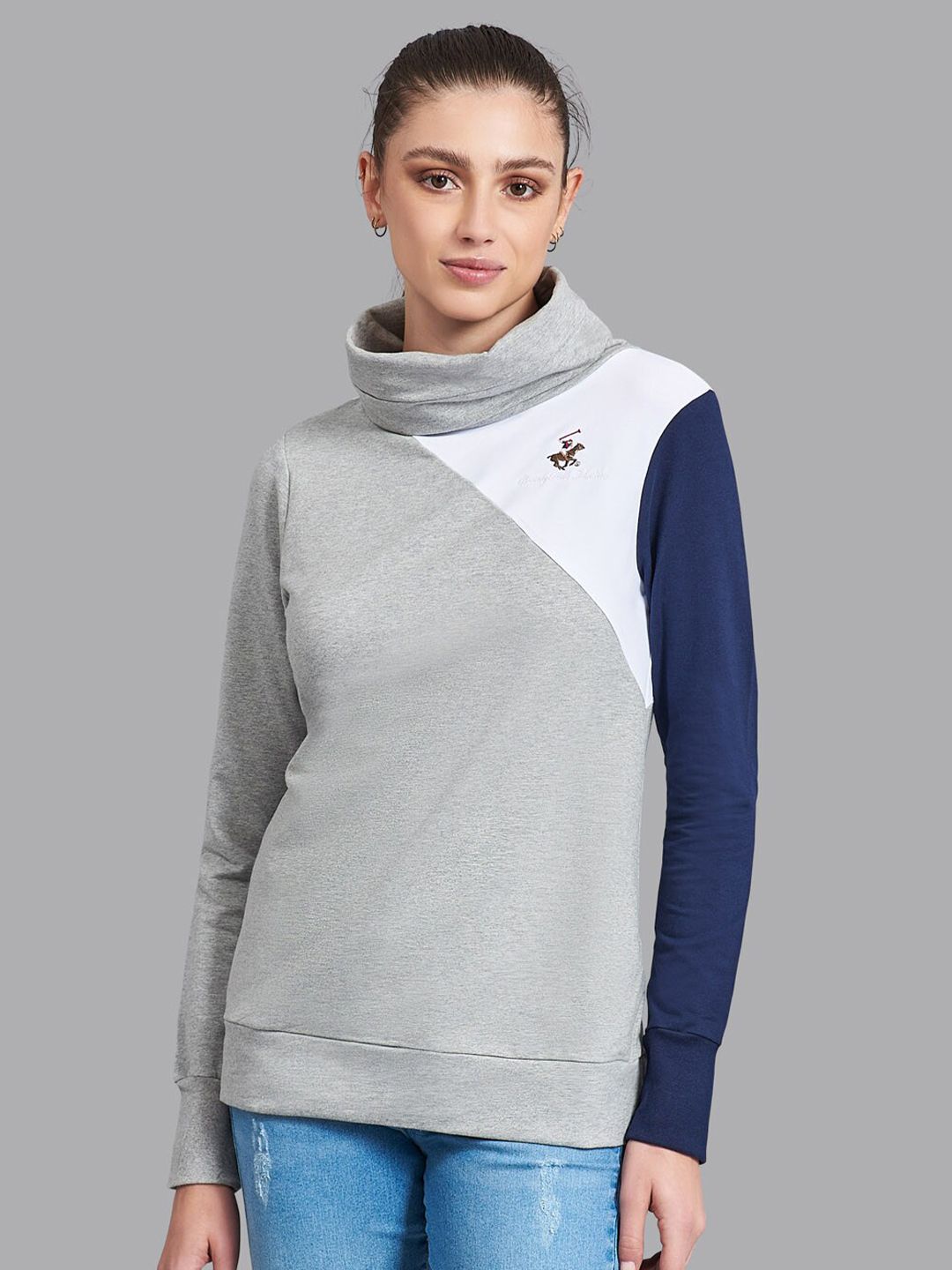 Beverly Hills Polo Club Women Grey & White Colourblocked Sweatshirt Price in India