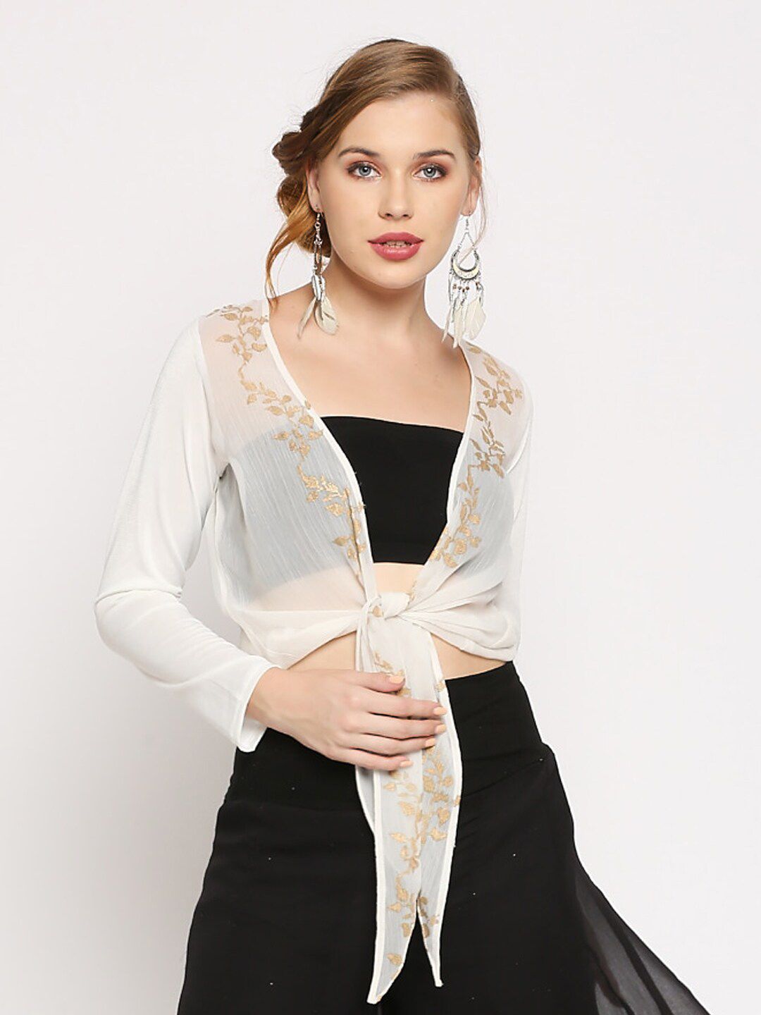 Ira Soleil Women White & Gold-Toned Floral Printed Open Front Shrug Price in India