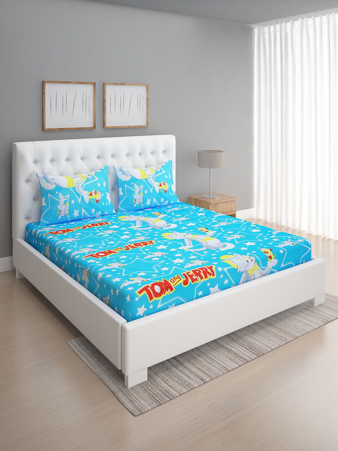 ROMEE Blue Tom & Jerry Printed 144 TC 1 Queen Bedsheet with 2 Pillow Cover Price in India