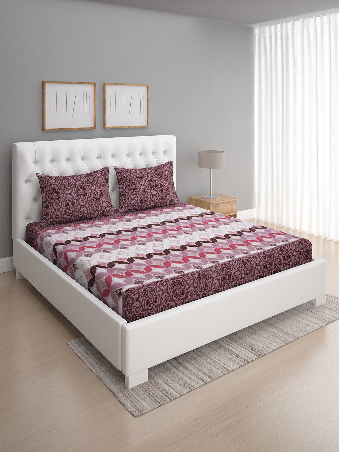 ROMEE Purple & White Ethnic Motifs Printed 144 TC Queen Bedsheet With 2 Pillow Covers Price in India