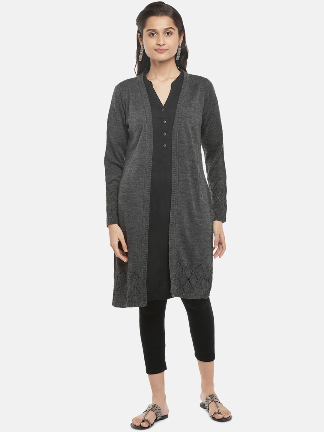 RANGMANCH BY PANTALOONS Women Charcoal Grey Acrylic Longline Open Front Jacket Price in India