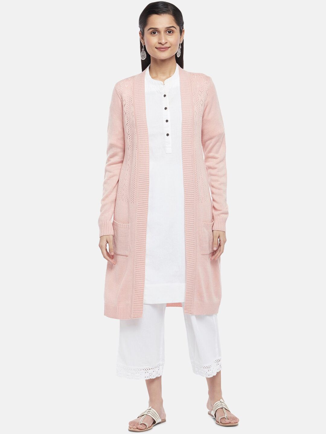 RANGMANCH BY PANTALOONS Women Peach-Coloured Acrylic Longline Open Front Jacket with Embroidered Price in India