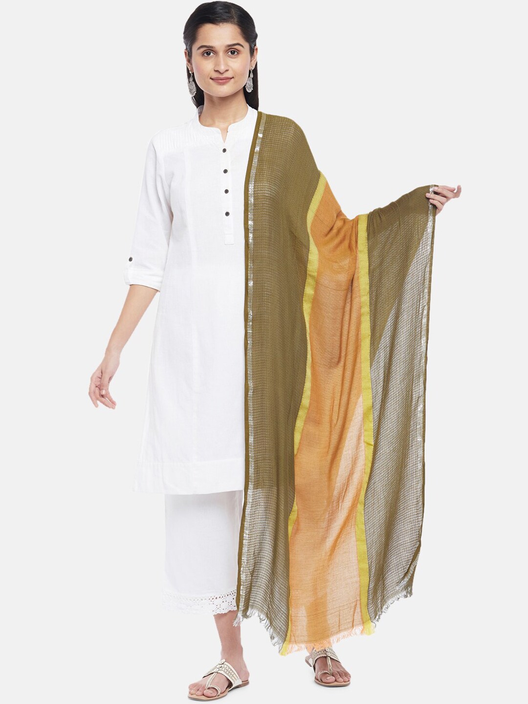 RANGMANCH BY PANTALOONS Women Olive Green & Yellow Woven Design Shawl Price in India